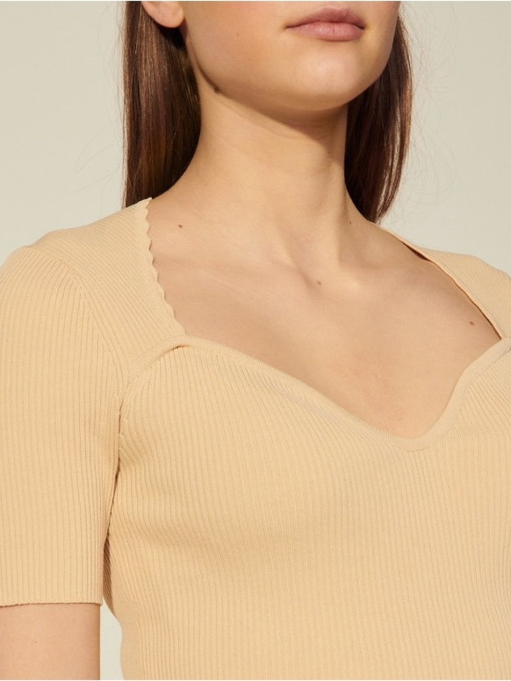 Sandro Beige Rib Knit Sweetheart Top - Picture 3 of 12